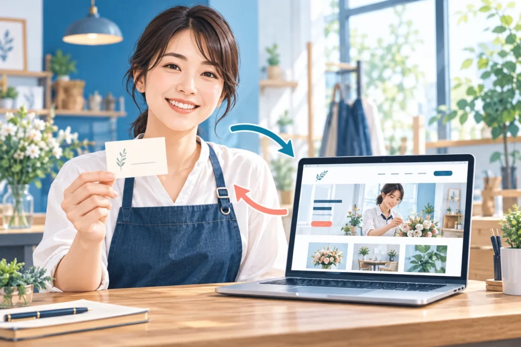 紙の名刺と名刺代わりのホームページを活用する小規模事業者のイメージ