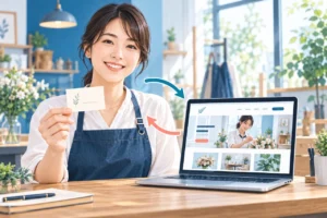 紙の名刺と名刺代わりのホームページを活用する小規模事業者のイメージ