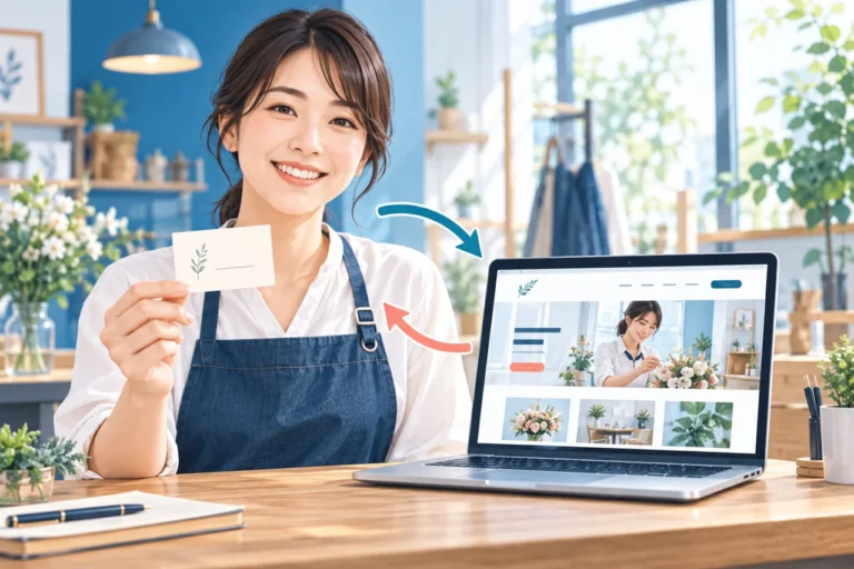 紙の名刺と名刺代わりのホームページを活用する小規模事業者のイメージ