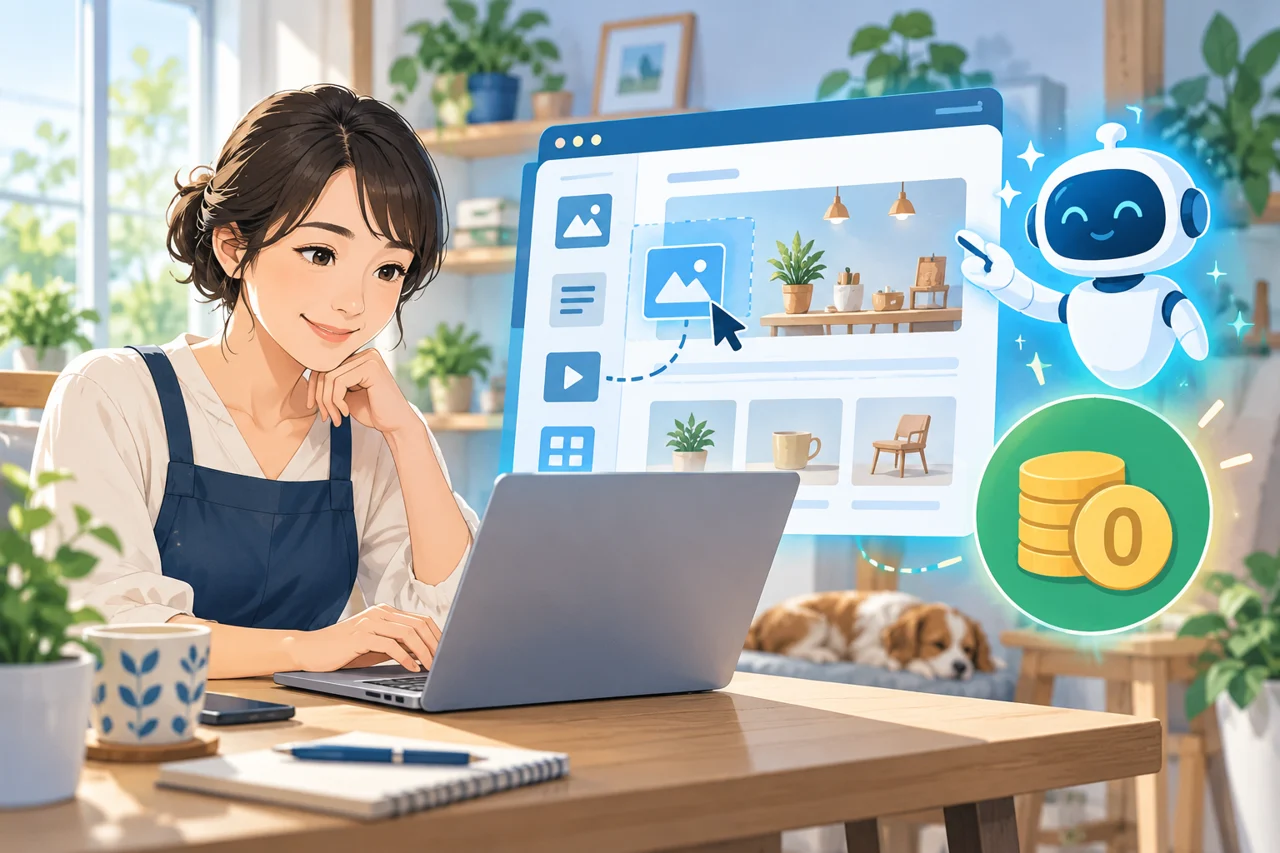 無料制作ツールとAIを使ってホームページを作る小規模事業者のイメージ