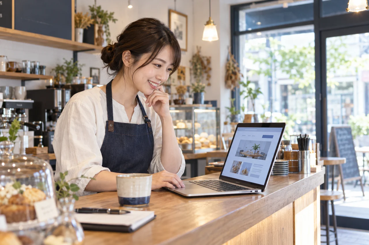 店舗のカウンターでホームページを確認する店主のイメージ