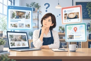 ホームページ・SNS・地図サービスを比較しながら必要性を考える事業者のイメージ