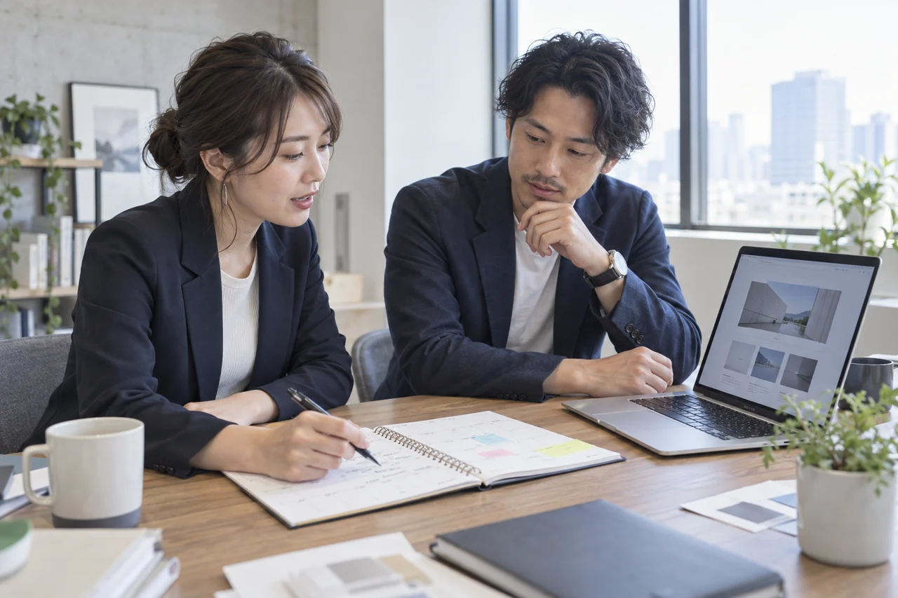 法人設立に向けてホームページの制作日程を相談するイメージ