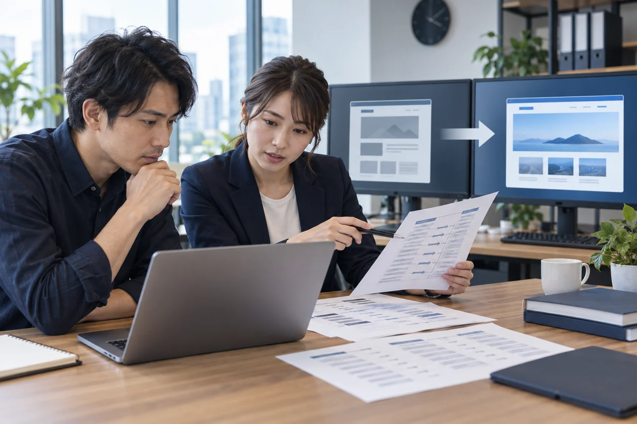 旧サイトから新サイトへのURL移行計画を確認するイメージ