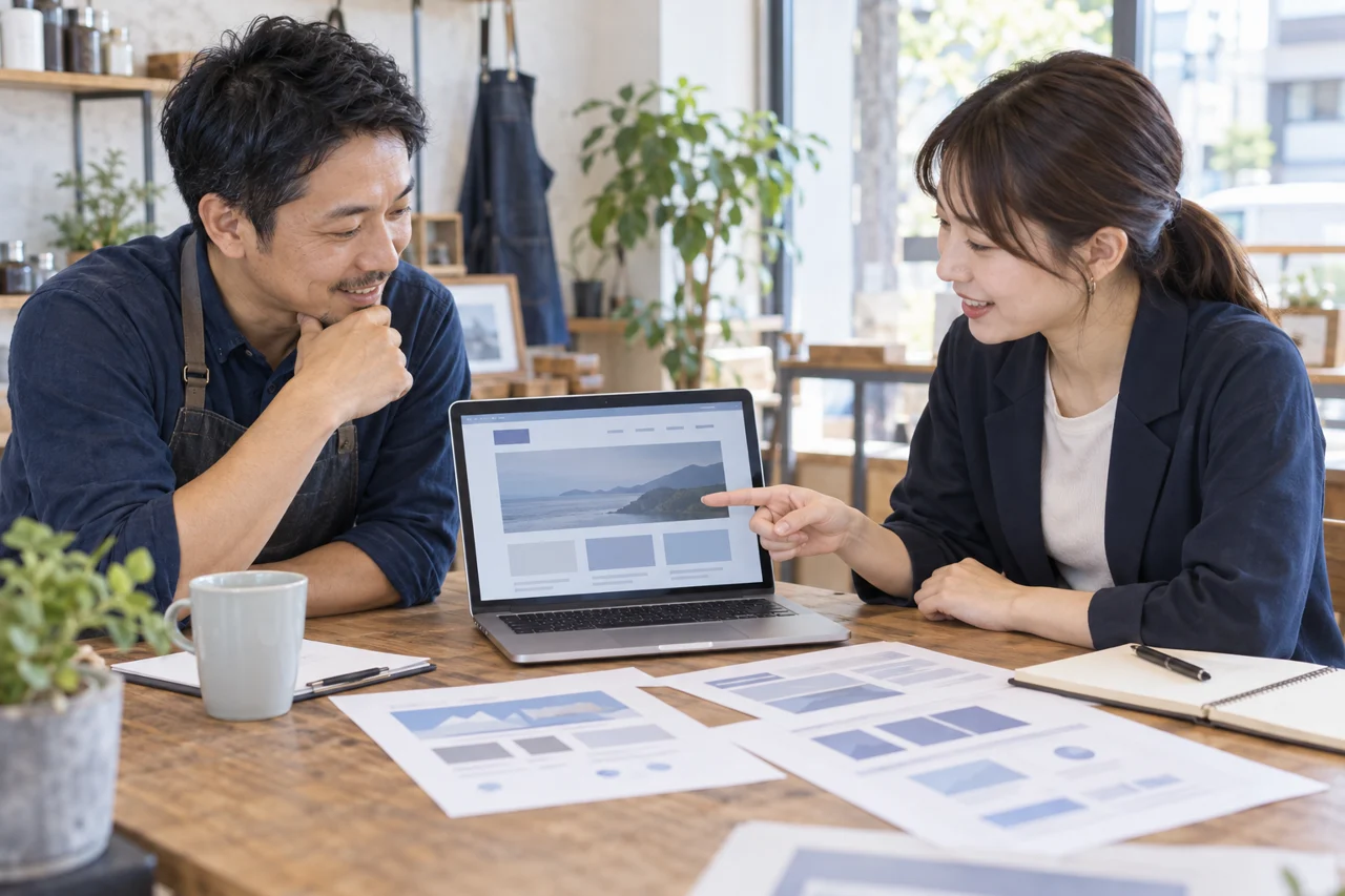 店舗サイトの作り方を制作担当者と相談するイメージ