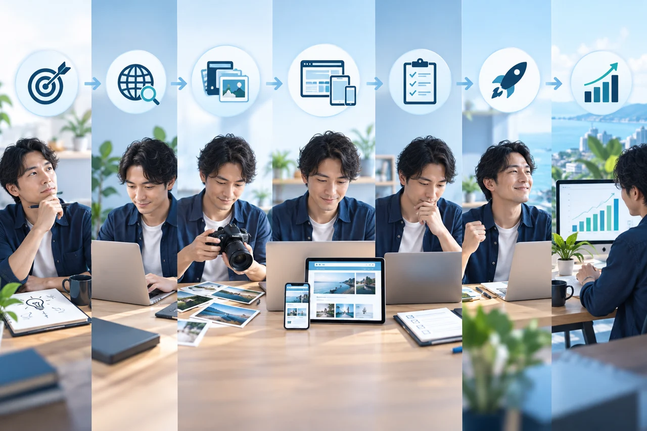 自営業者が目的整理から公開までホームページを段階的に作るイメージ