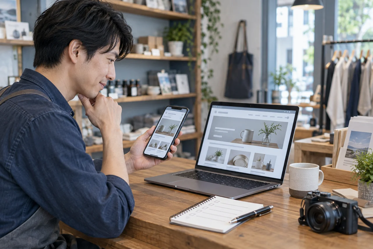 スマートフォンとパソコンで店舗サイトを確認するイメージ