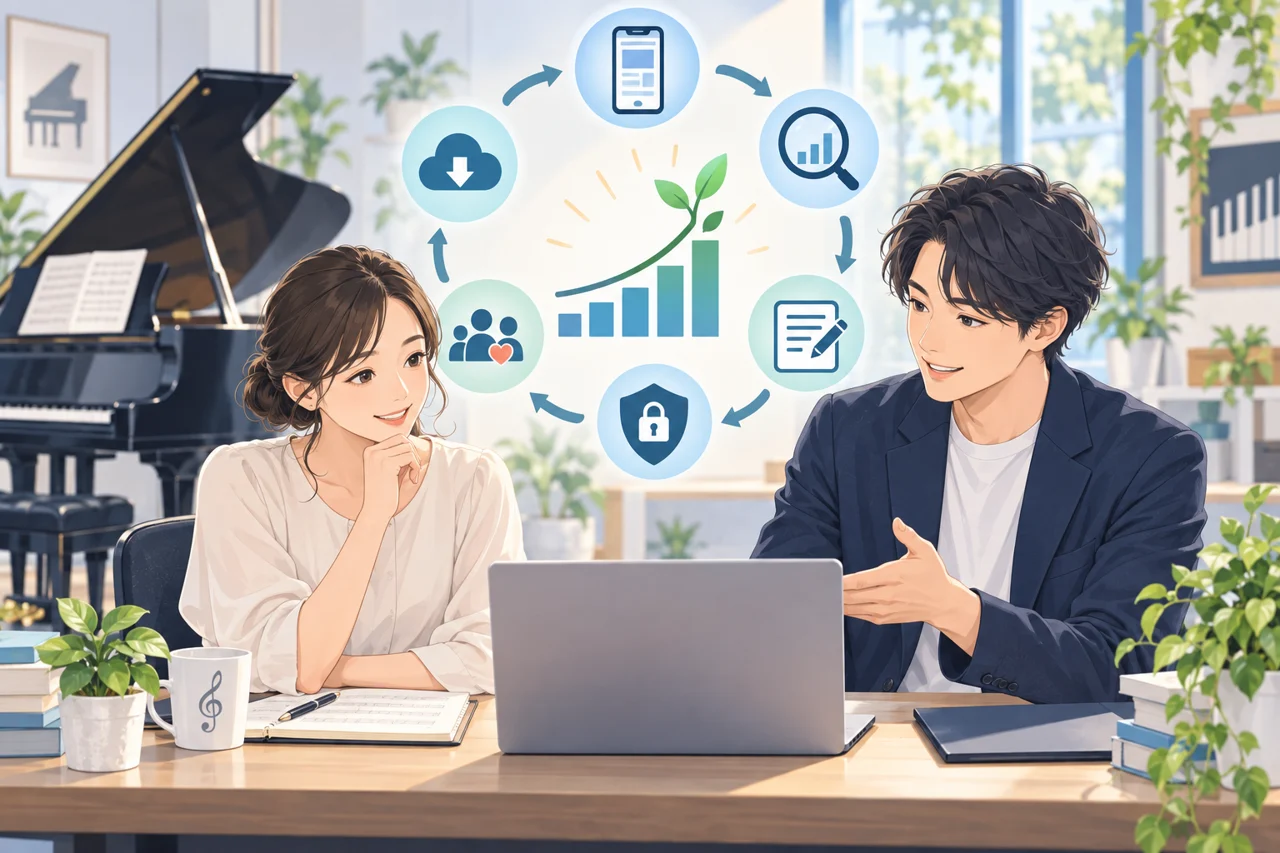 ピアノ講師とWeb担当者が保守運用と集客改善を進めるイメージ