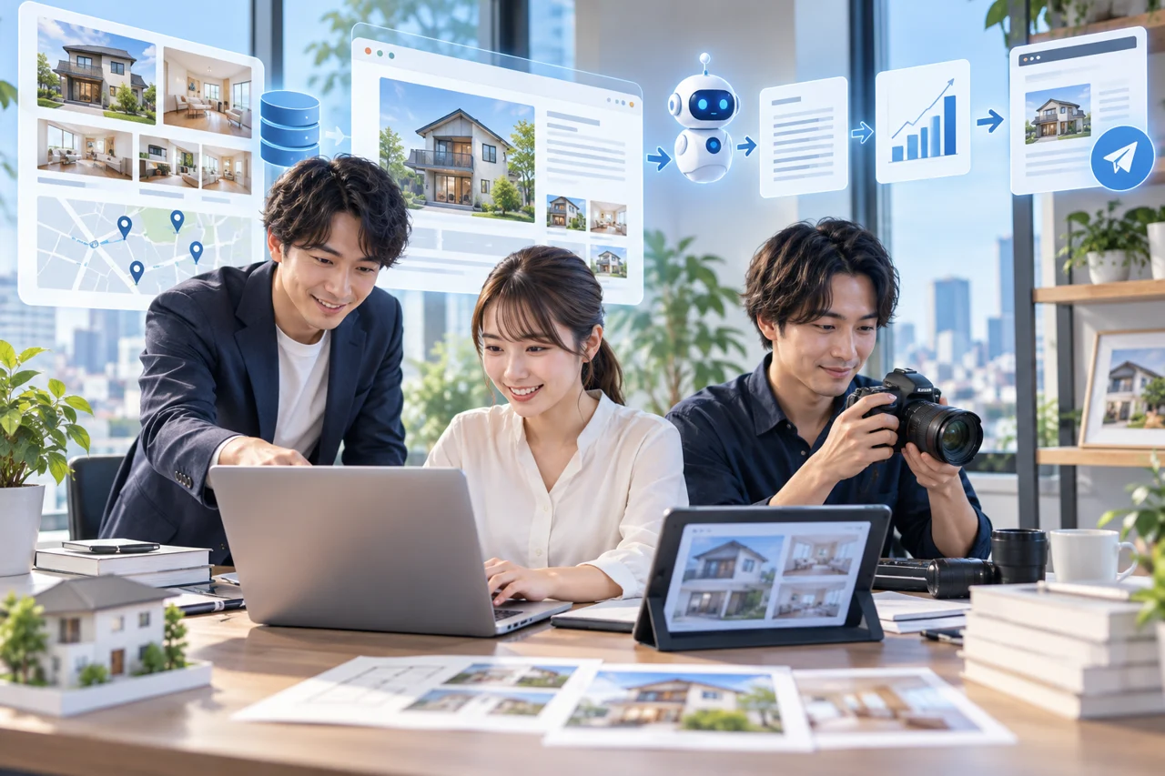 小規模な不動産会社がAIやCMSを活用して自社サイトを運用するイメージ