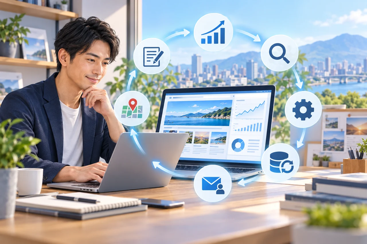 自営業者がアクセス解析と更新を通じてホームページを継続改善するイメージ