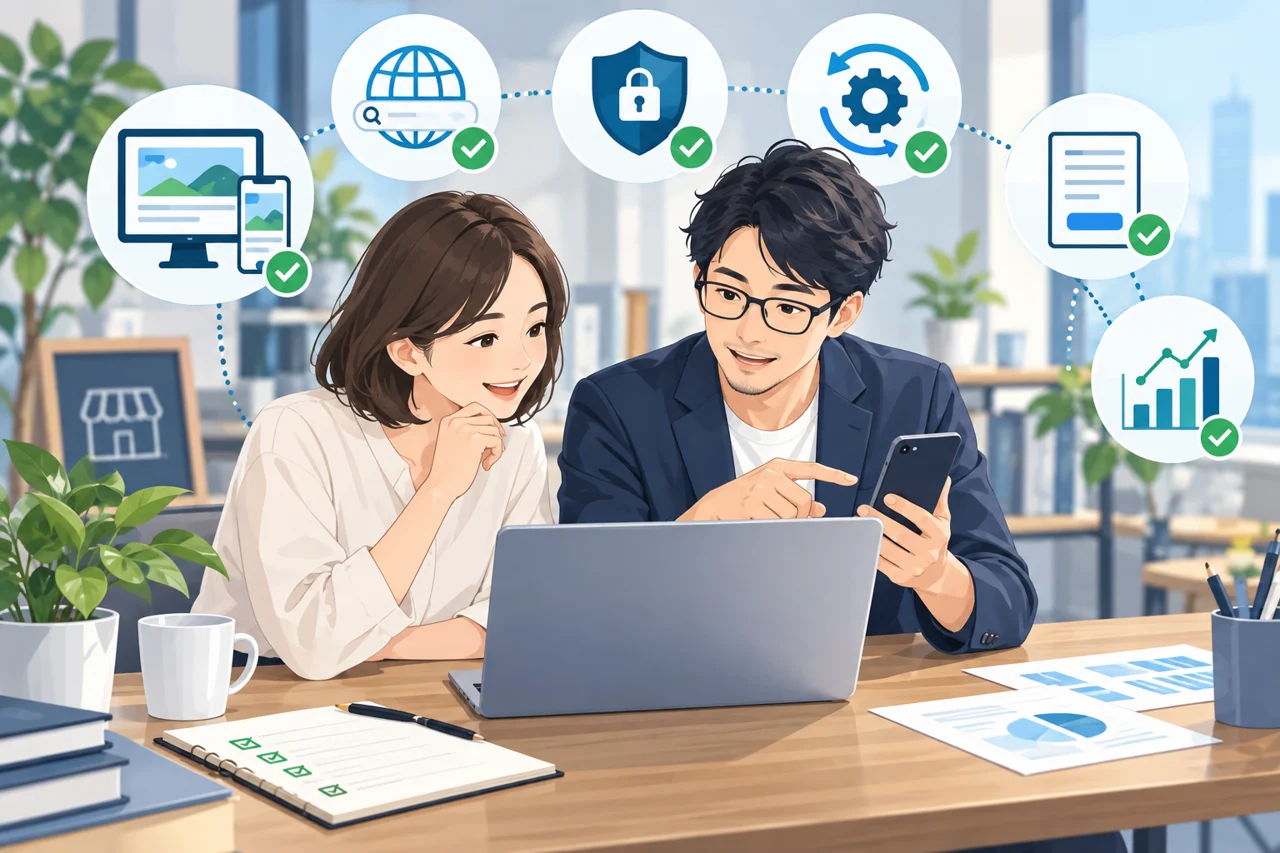 小規模事業者とWeb担当者がホームページの管理・安全性・更新内容を確認するイメージ