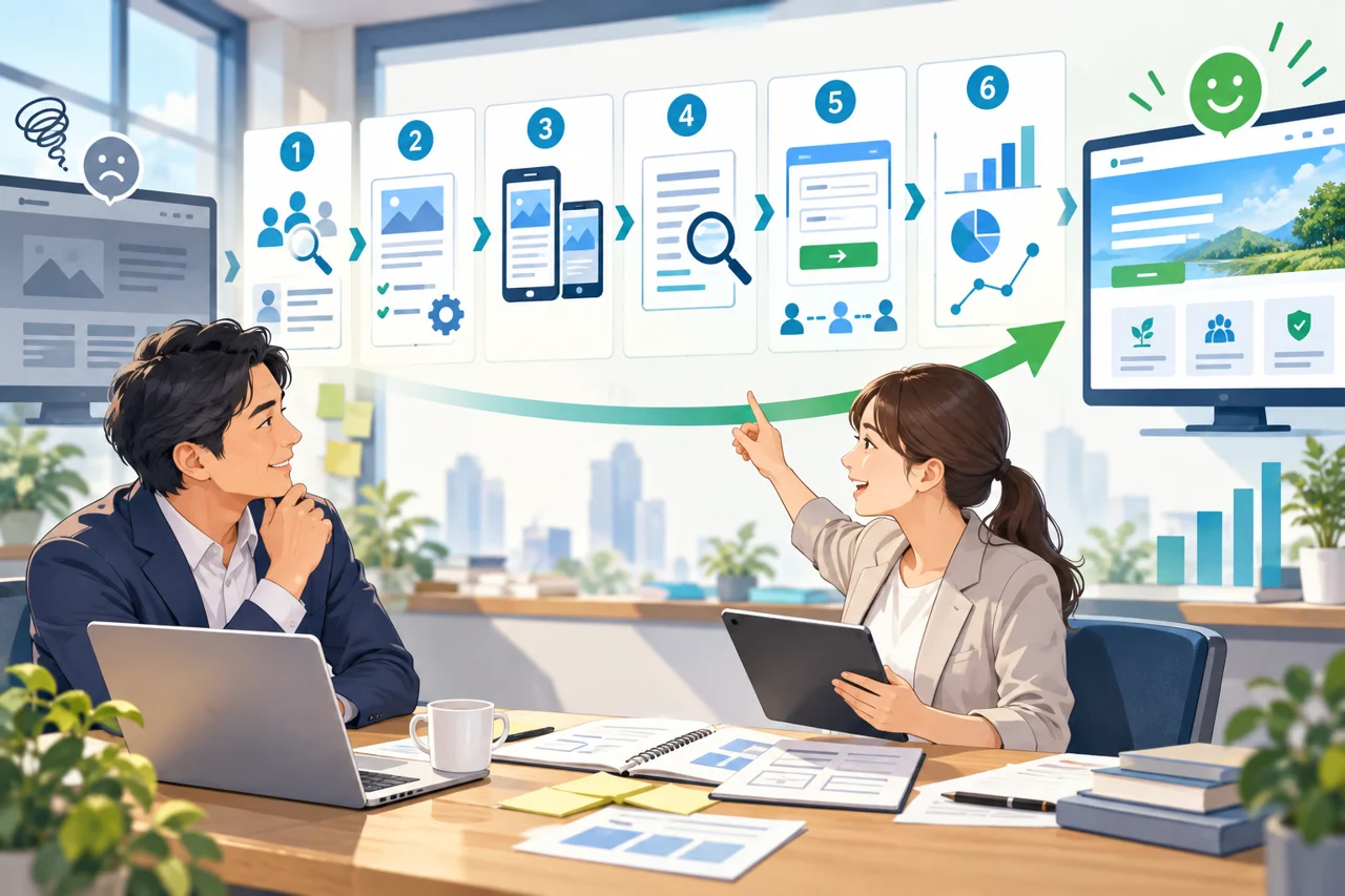 成果が出ないホームページを段階的に改善する事業者と担当者のイメージ