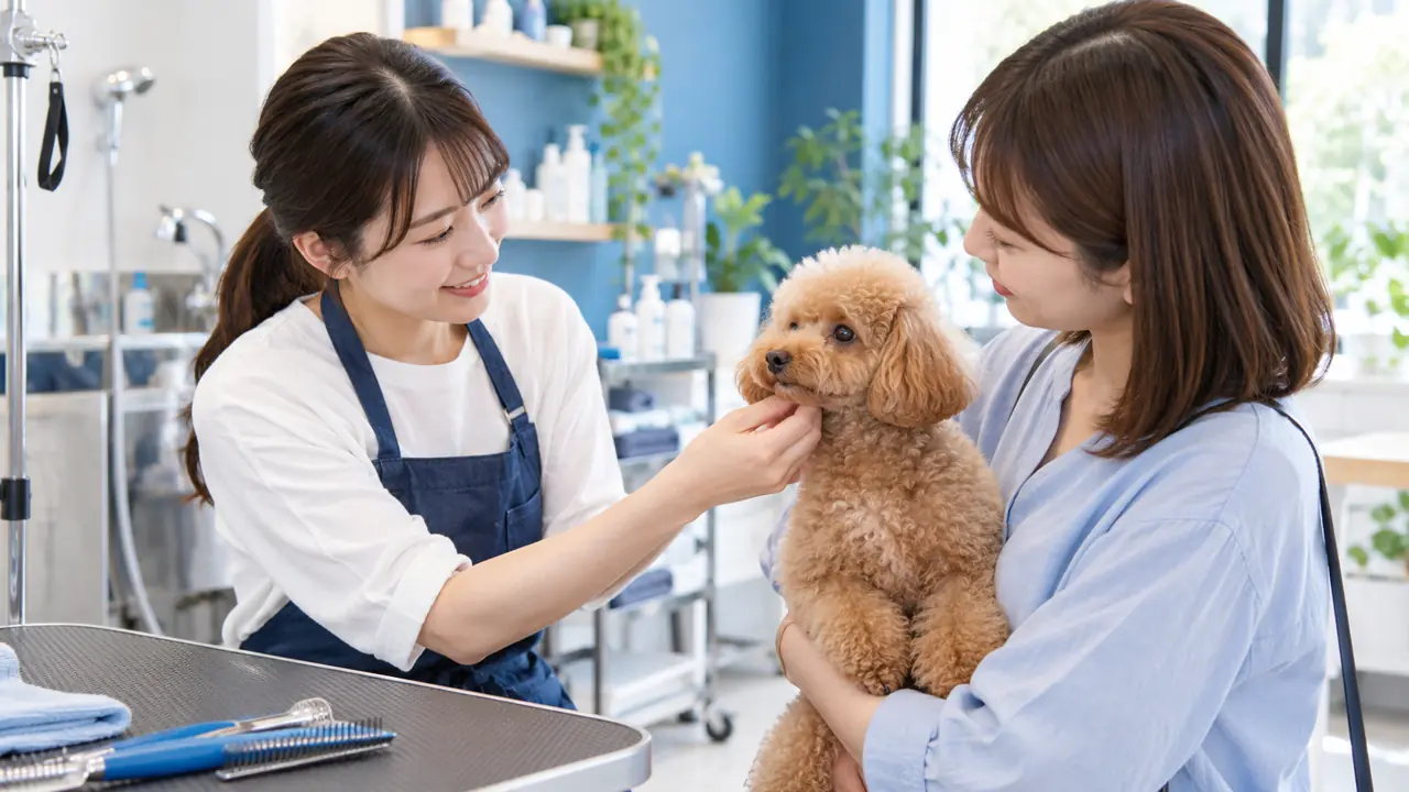 トイプードルの飼い主とトリマーが施術前に相談する様子