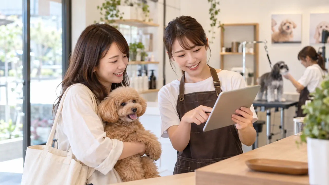 ペットサロンで料金やメニューを確認する様子