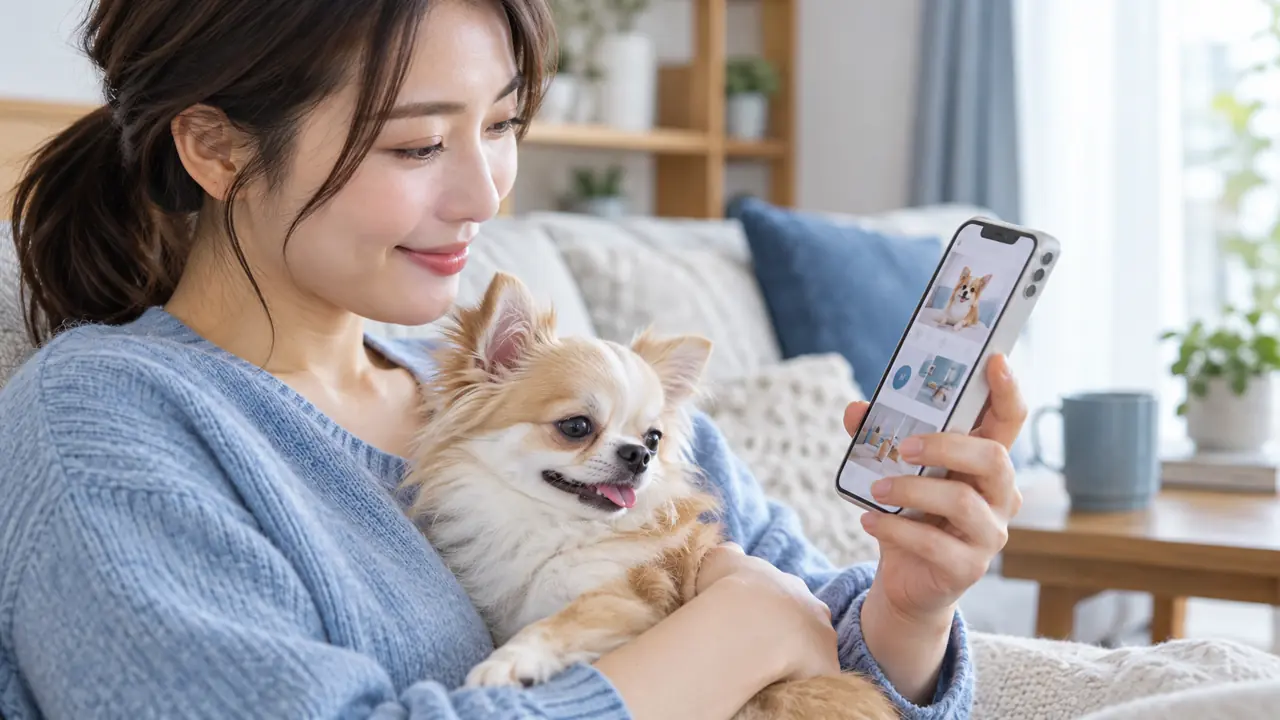 飼い主がチワワと一緒にペットサロンのサイトを確認する様子