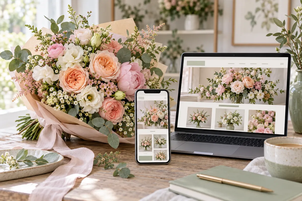 花の写真を生かしたパソコンとスマートフォンのサイトデザイン例