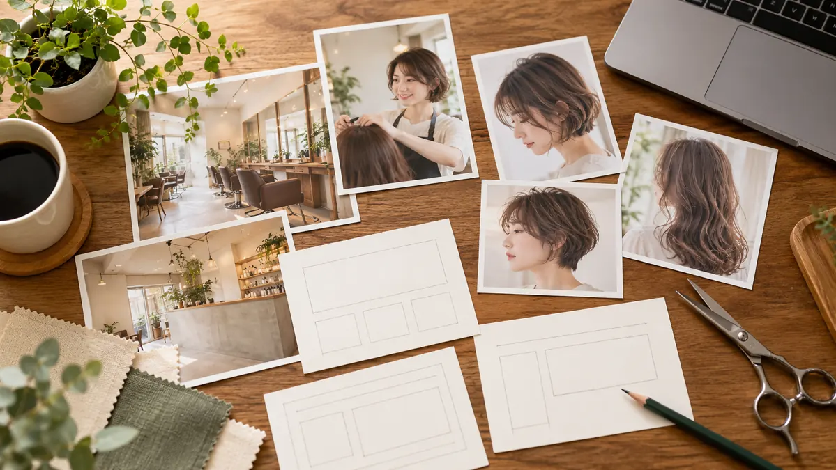 美容室サイトに掲載する写真やページ構成を整理するイメージ
