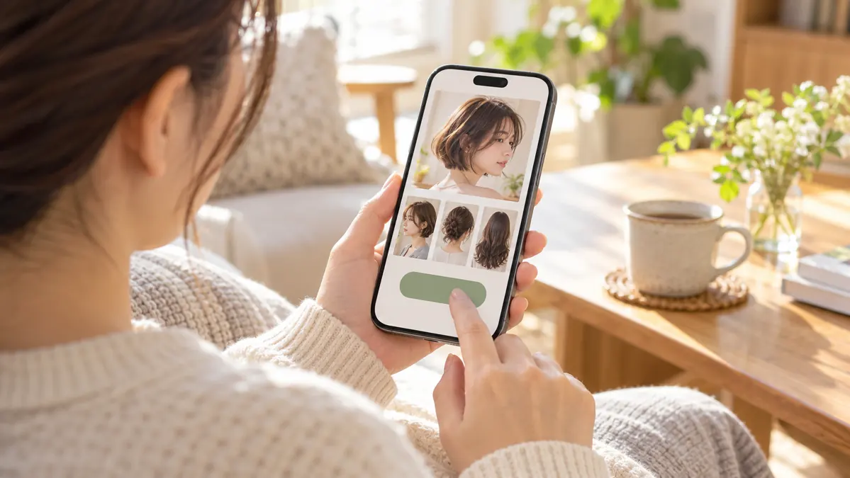 スマートフォンで美容室のスタイル写真と予約導線を見るイメージ