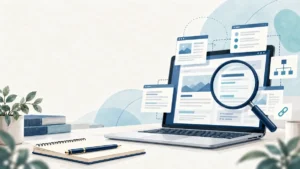 パソコンと虫眼鏡でサイト内部を確認するイメージ