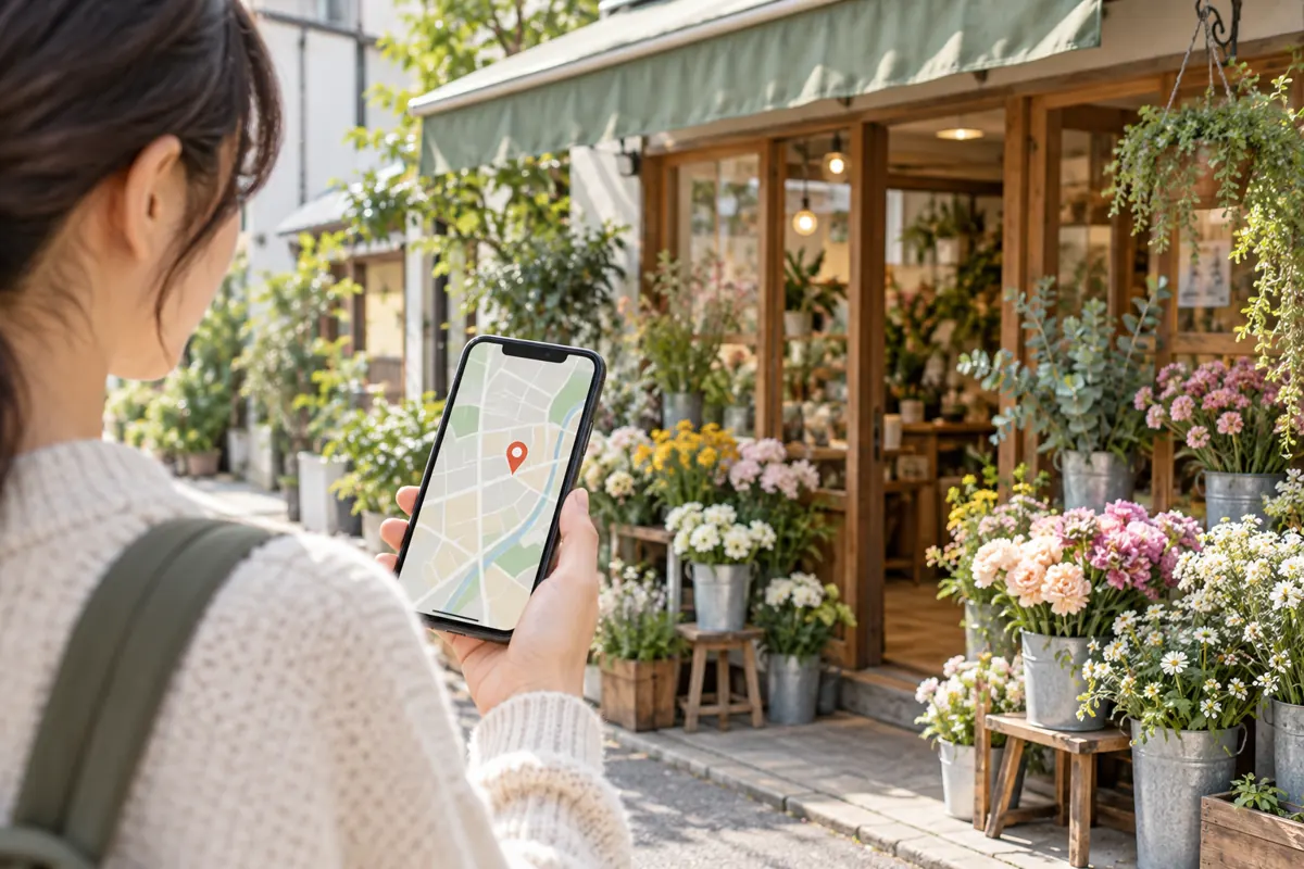 スマートフォンの地図で花屋を探すイメージ