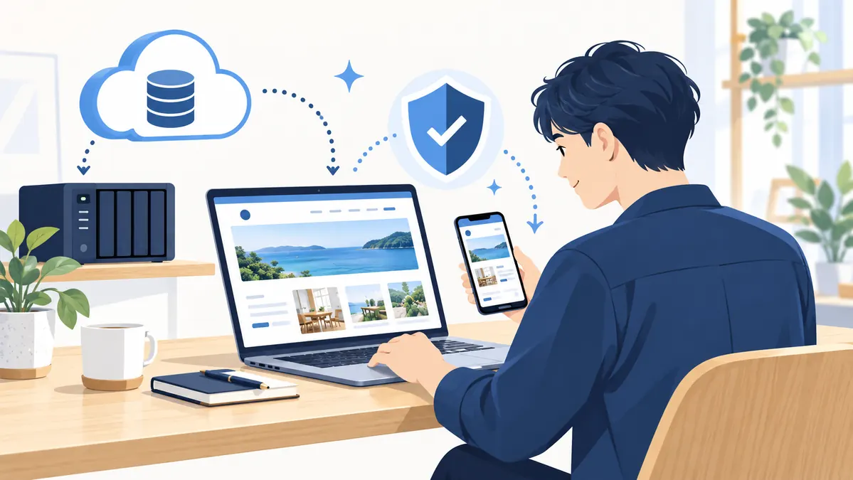 パソコンとスマートフォンで動作確認をするエンジニア