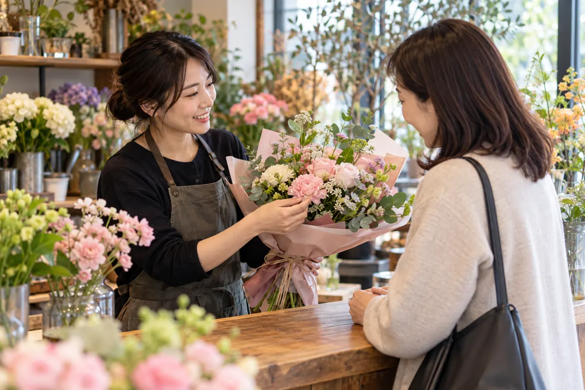 花束の希望を相談する接客のイメージ