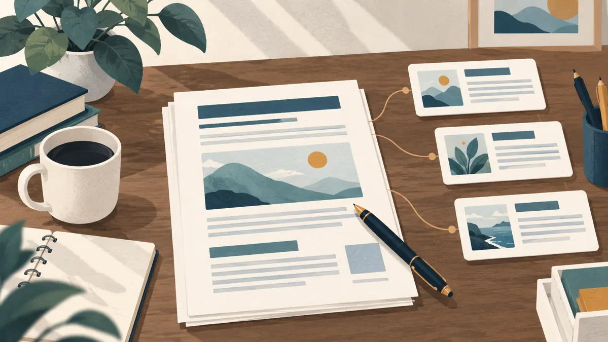 見出しと関連情報を整理しながら記事を作るイラスト